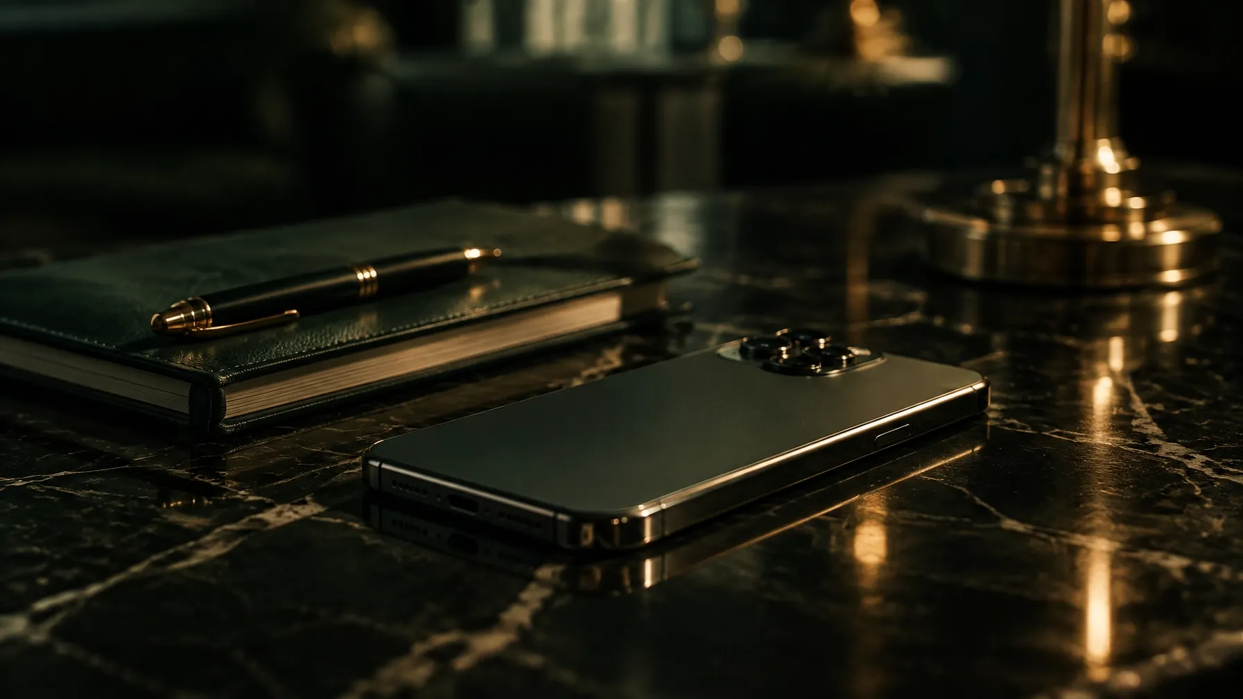 A phone and notebook on a desk